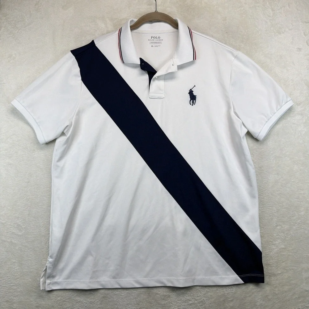 Polo Ralph Lauren Performance Polo Shirt Mens XL White Navy Stripe Golf Stretch